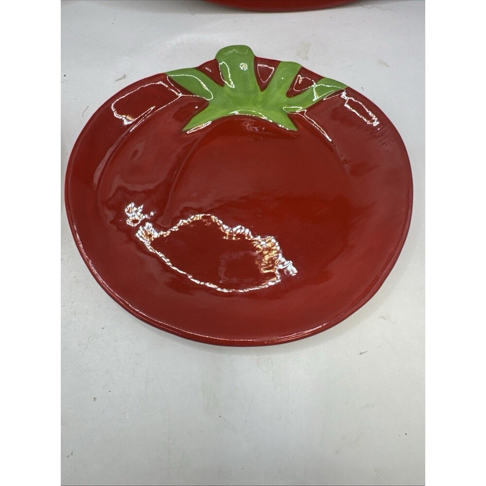 New 4 Red Tomato Shaped Tidbit Plates Ceramic Garden Veg Food Whimsy - Picture 3 of 7